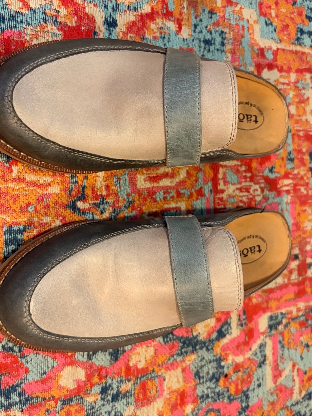 Taos Footwear Royal Two-Tone Leather Mules in Blue and Cream